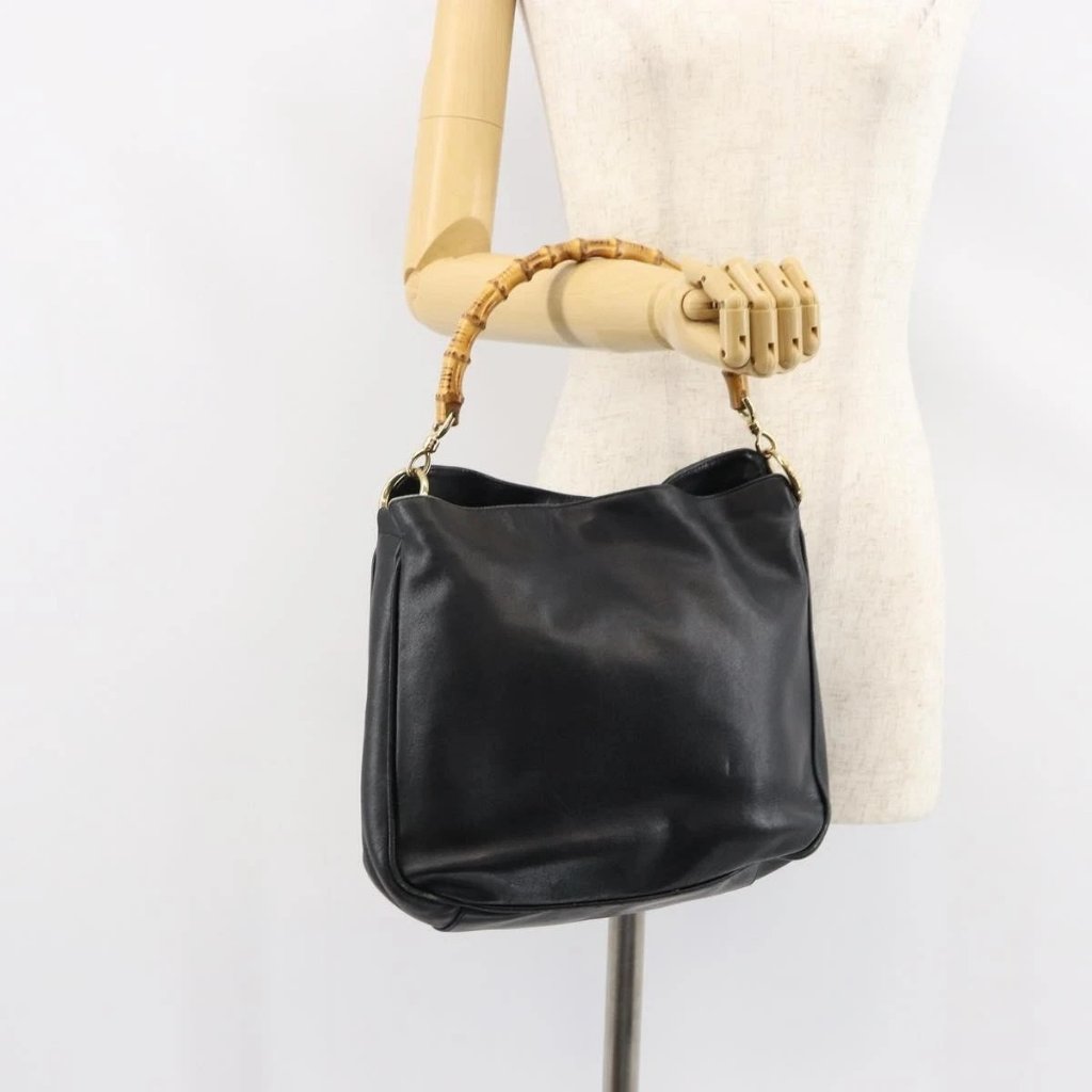 Gucci Bamboo Hand Bag Leather Black Gold